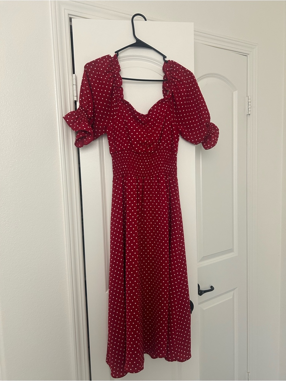Chicwish Red Polka Dot Midi Dress with Puff Sleeves